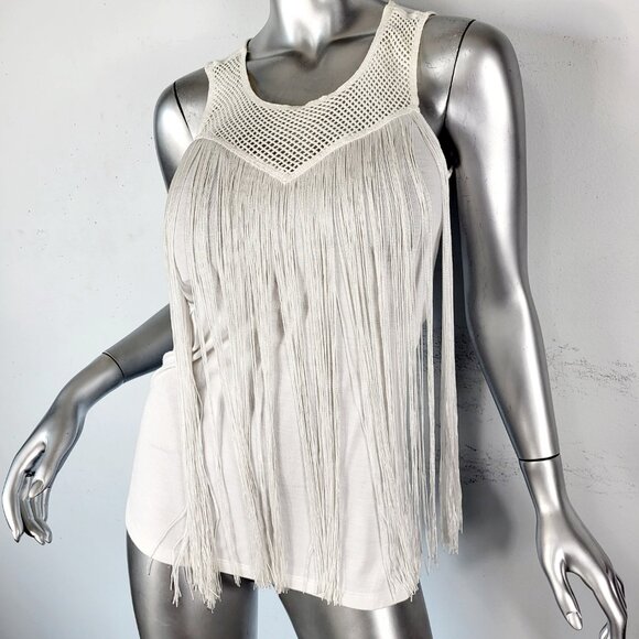 NWT~$60~INC~INTERNATIONAL CONCEPTS~S~WHITE FRINGE SLEEVELESS T-SHIRT TANK TOP - Picture 4 of 16